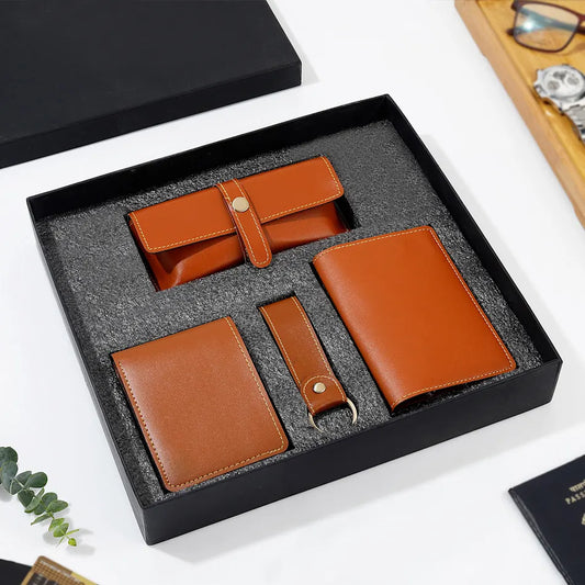 Premium Vegan Leather Wallet Gift Set – Tan (Wallet, Passport Cover, Sunglasses Case & Keychain)