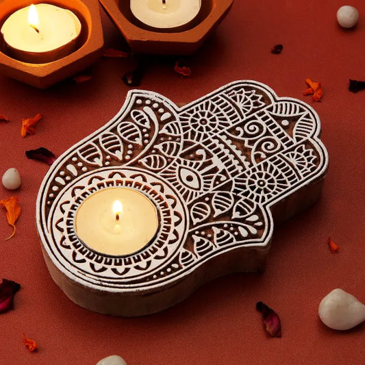 Hamsa Hand Wooden Candle For Diwali