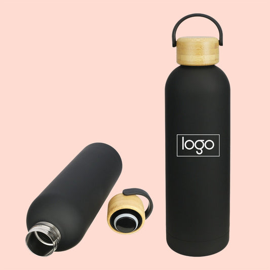 Customized Stainless Steel Bottle with Bamboo Lid | Vacuum Flask |Thermal Insulated Water Bottle (Black)- 850 ML