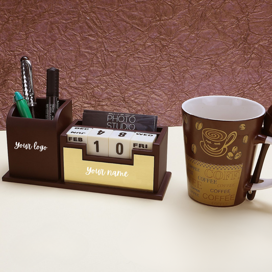 Personalised Premium Wooden Desk Organizer with Perpetual Calendar