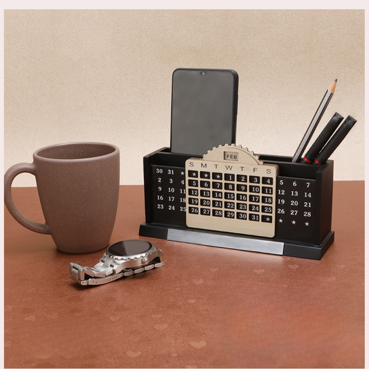 Personalised Wooden Desk Organizer with Perpetual Calendar – Dark Brown