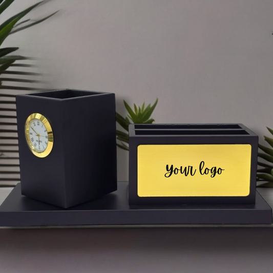 Personalised Wooden Tabletop Rotating Pen Stand with Clock – Black