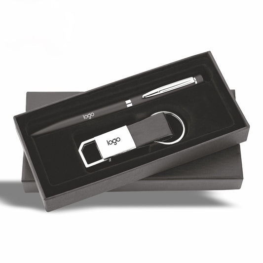 Customized Black Metal Ball Pen & Stainless Steel with Black Leather Keychain