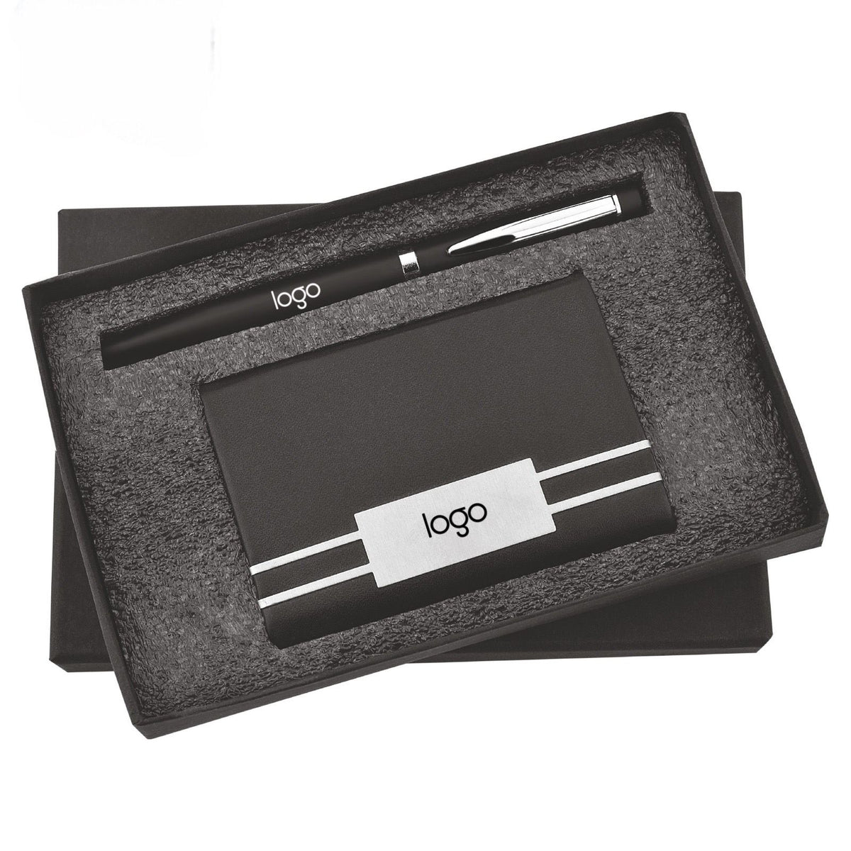 Customized Black Color Pen & Black Steel Plated PU Leather Visiting Card Holder