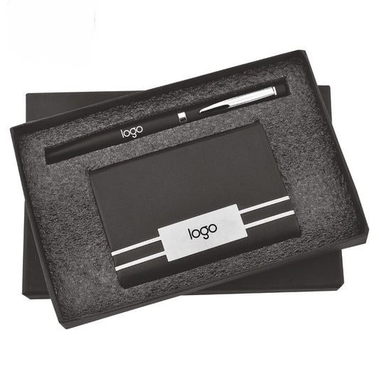 Customized Black Color Pen & Black Steel Plated PU Leather Visiting Card Holder