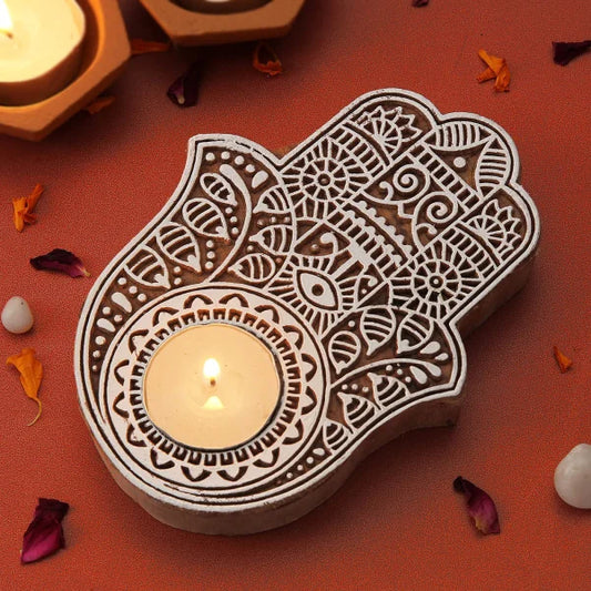 Hamsa Hand Wooden Candle For Diwali