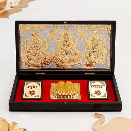 Laxmi, Ganesha, Saraswati Gold & Silver Plated Charan Paduka in Box